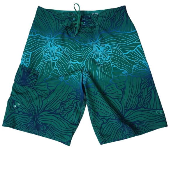 Ocean Pacific Board Shorts‎ Swim Trunks Mens 32 X 11 Blue Green Orchid Hawaiian - Picture 1 of 7